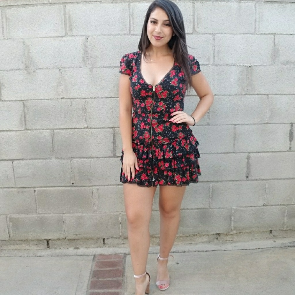 Black and red flowered mini dress